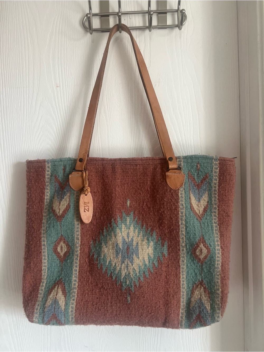 Manos Zapotecas  Boho Wool Woven Southwestern Tote With Brown Leather Straps